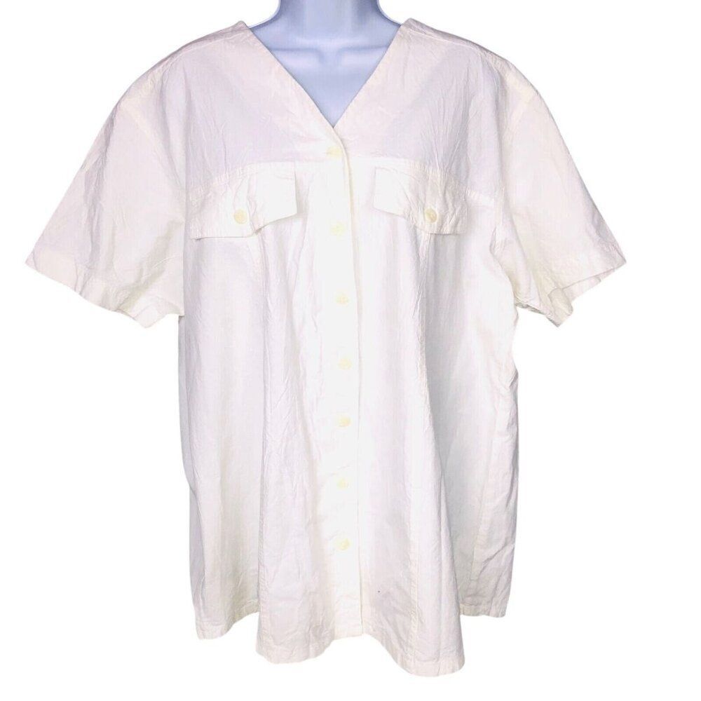 Vintage Womens Plus 2XL Top Shirt V Neck Button Up New Off White Lightweight